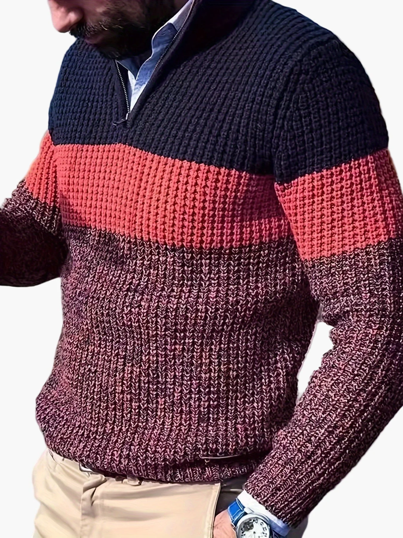 Herren Strickpullover mit Streifenmuster und Stehkragen – Modischer Freizeitpullover mit Viertelreißverschluss