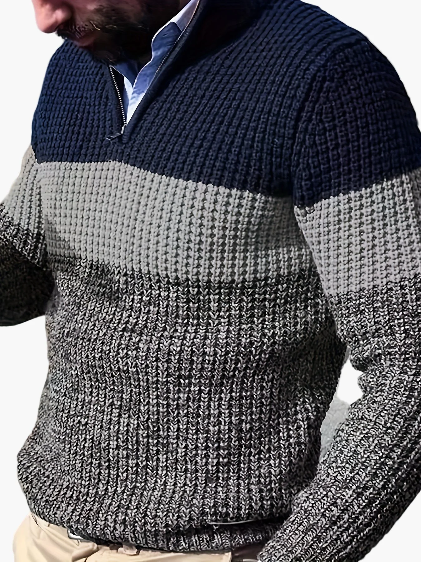 Herren Strickpullover mit Streifenmuster und Stehkragen – Modischer Freizeitpullover mit Viertelreißverschluss - Image 2