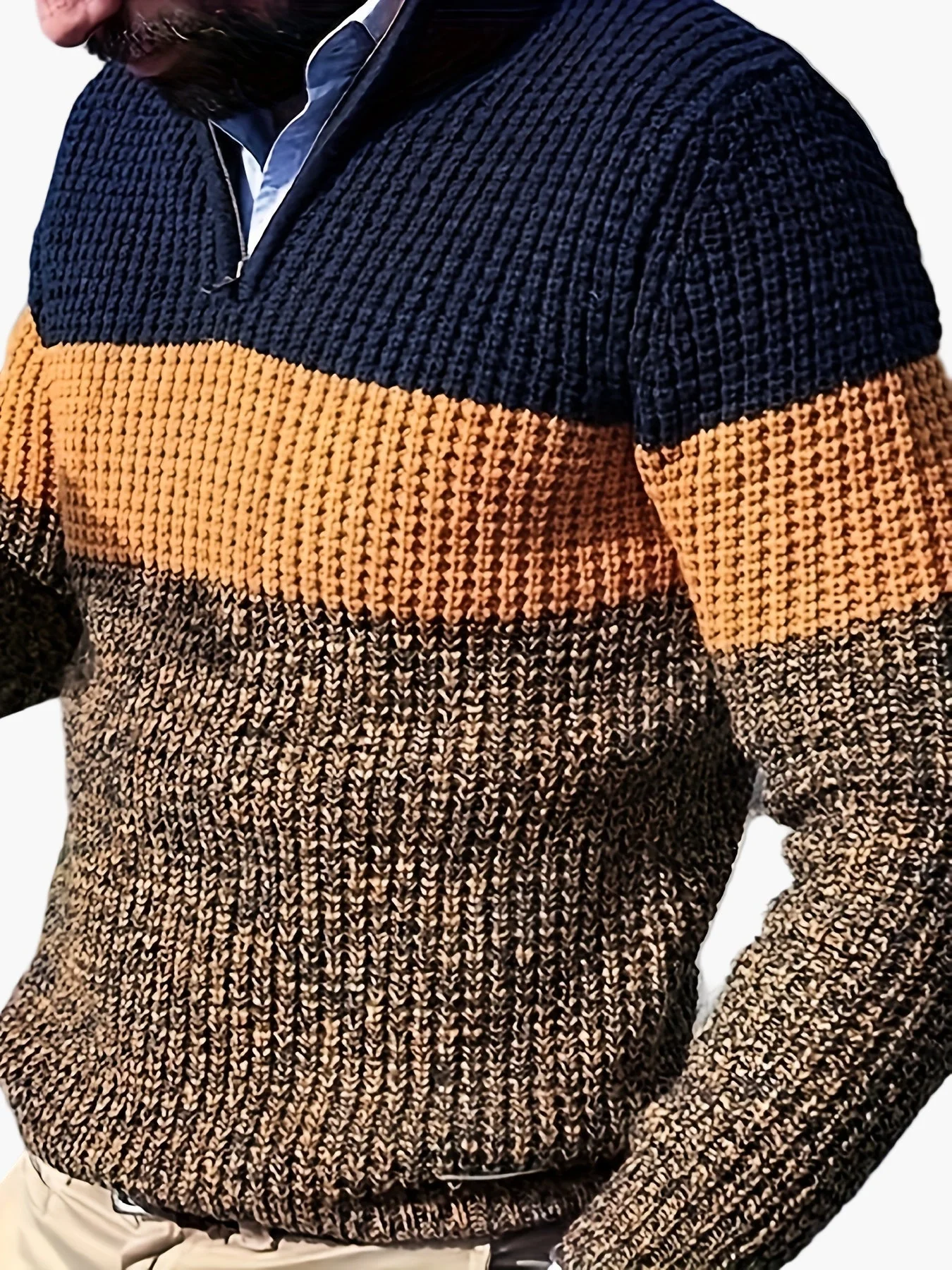 Herren Strickpullover mit Streifenmuster und Stehkragen – Modischer Freizeitpullover mit Viertelreißverschluss - Image 3