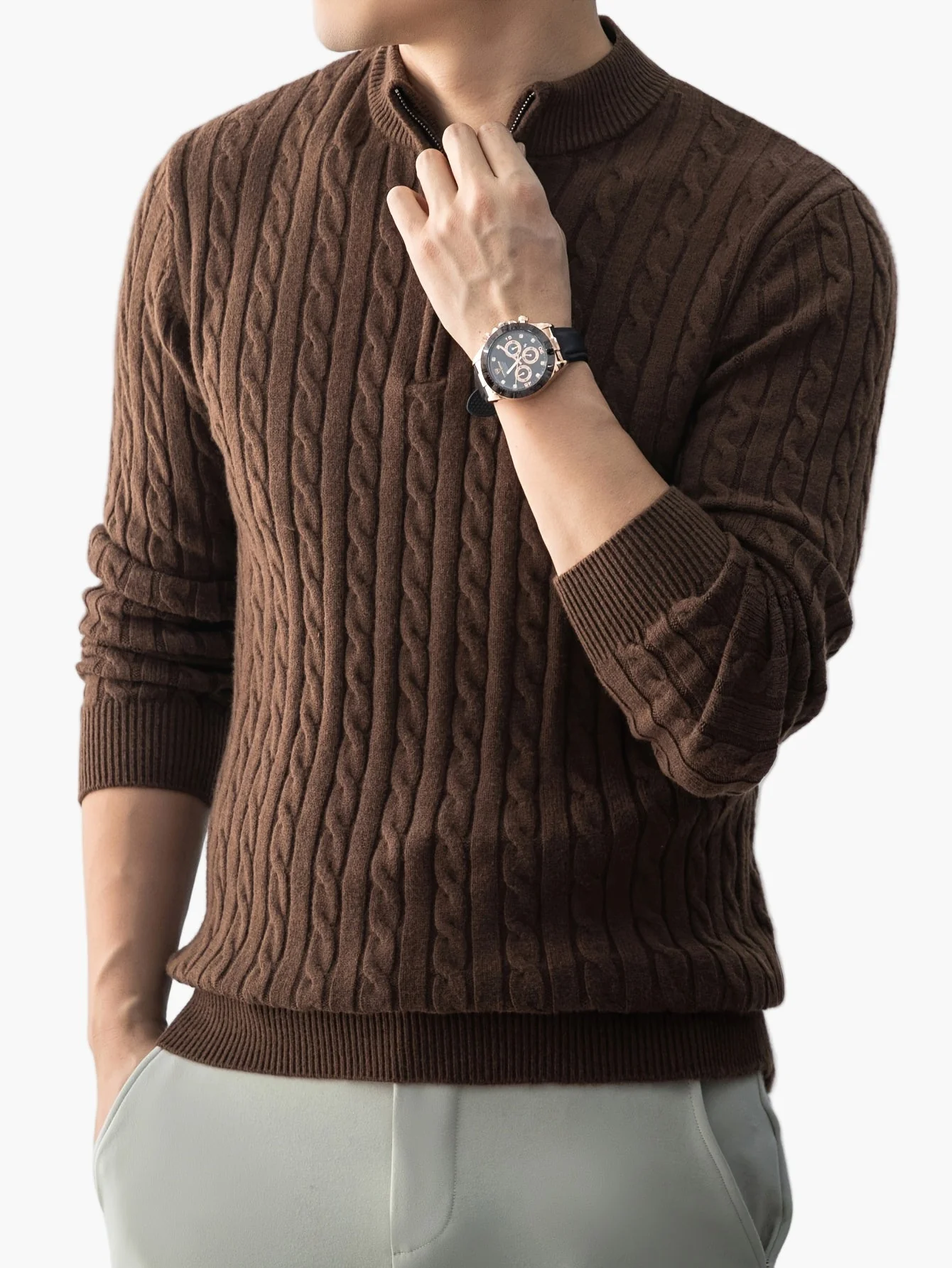 Herren Strickpullover mit Zopfmuster und Stehkragen – Modischer Casual Style für Herbst und Winter - Image 3