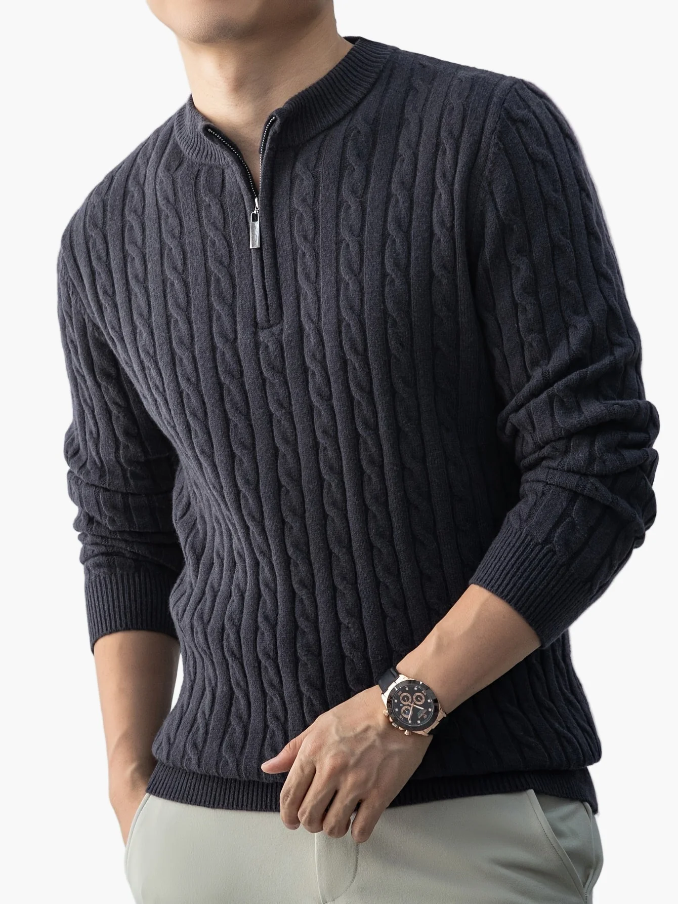 Herren Strickpullover mit Zopfmuster und Stehkragen – Modischer Casual Style für Herbst und Winter - Image 9