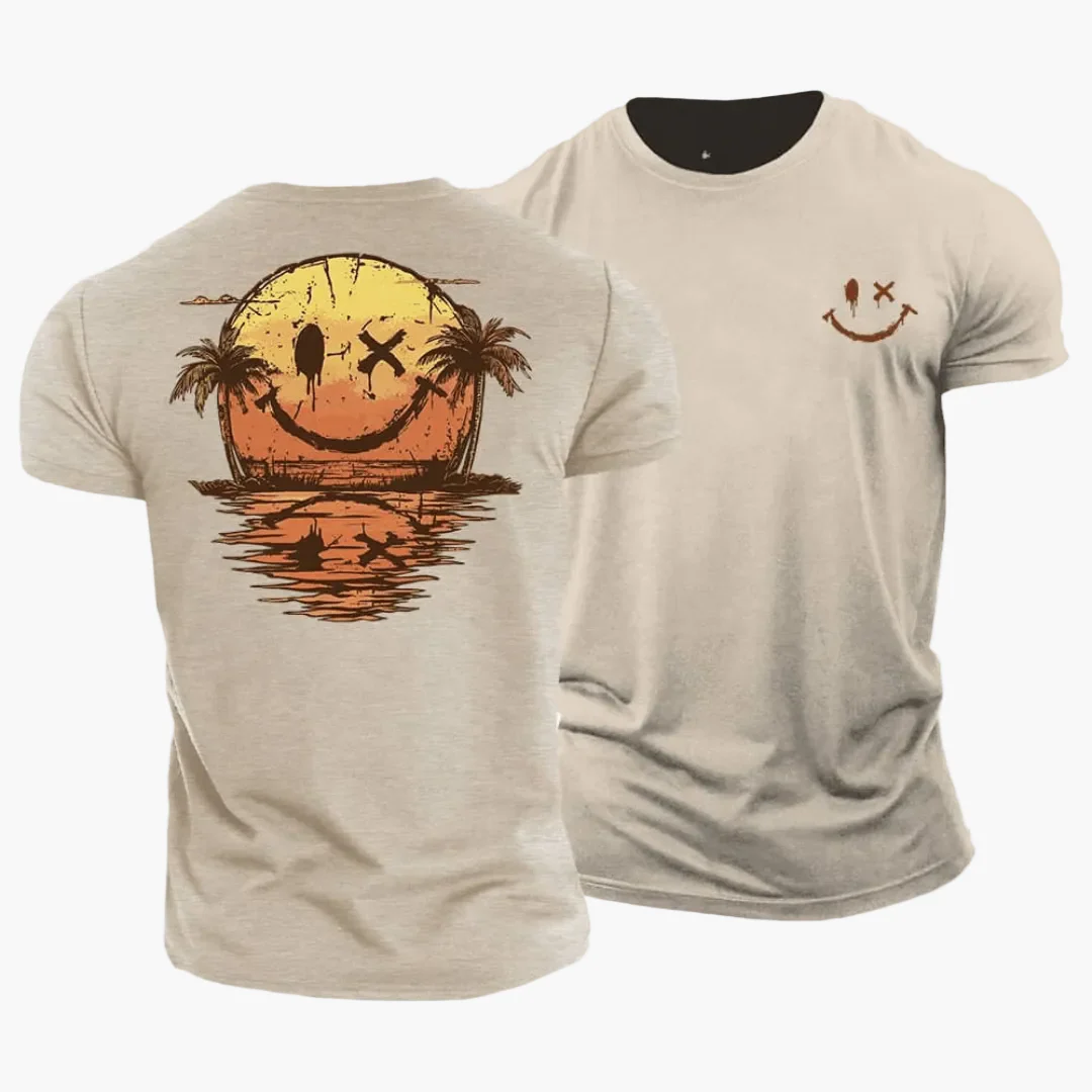 Herren T-Shirt mit Smiley Sonnenuntergang Surfer Motiv – Sommerliches Freizeitshirt für Urlaub & Strand