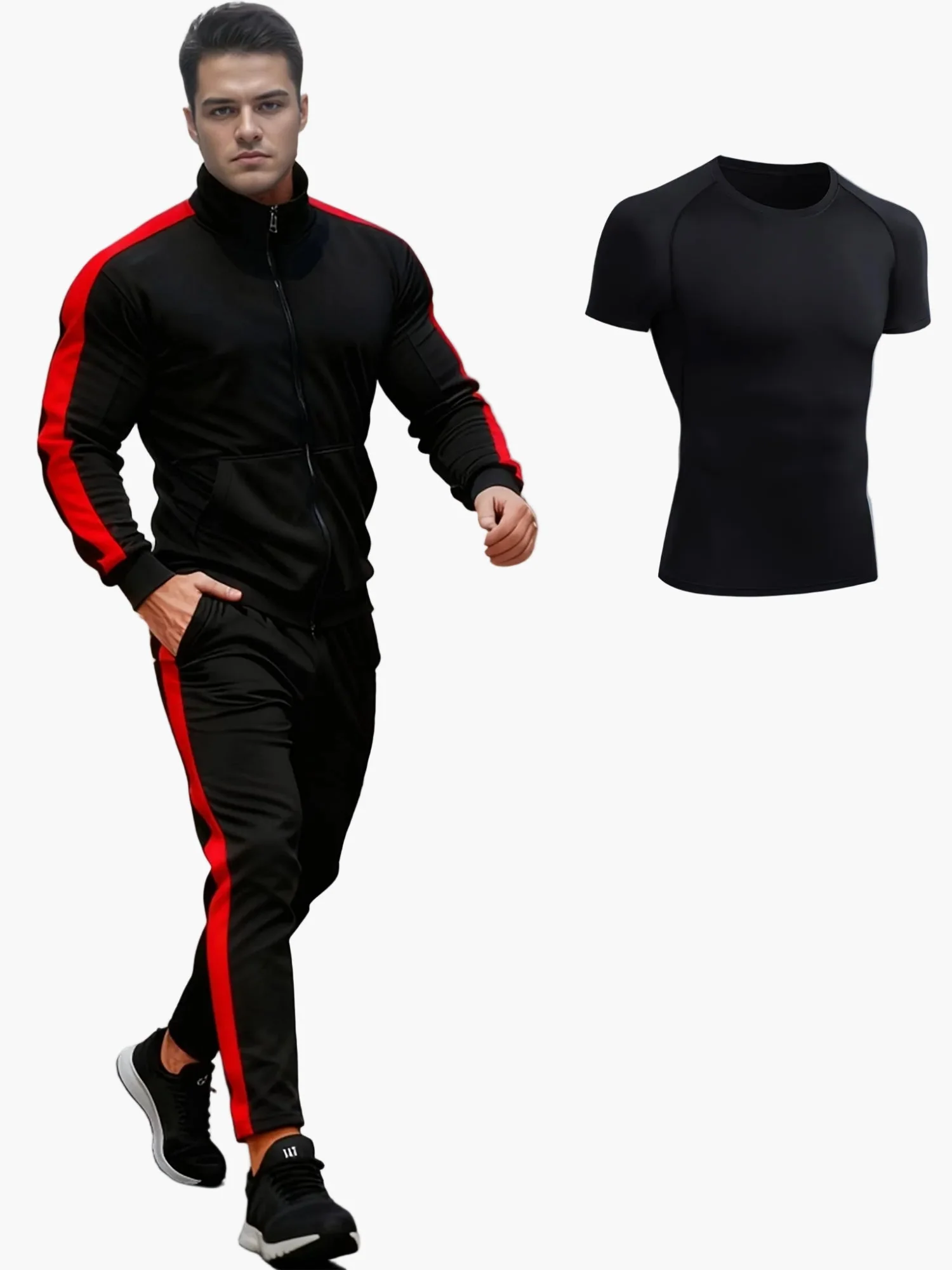 Herren Trainingsanzug Set Sportlich Modern Fitness Freizeitanzug mit Streifen – 3-teiliges Set - Image 6