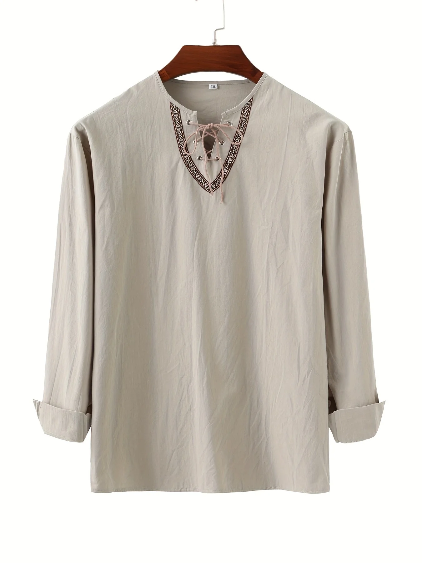 Herren Vintage Langarmshirt mit Schnürung und geometrischem Muster am Kragen