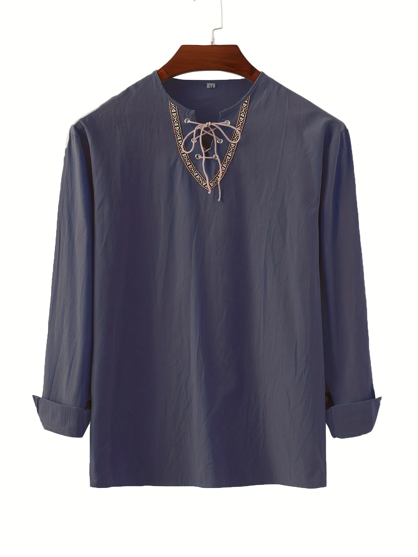 Herren Vintage Langarmshirt mit Schnürung und geometrischem Muster am Kragen - Image 6