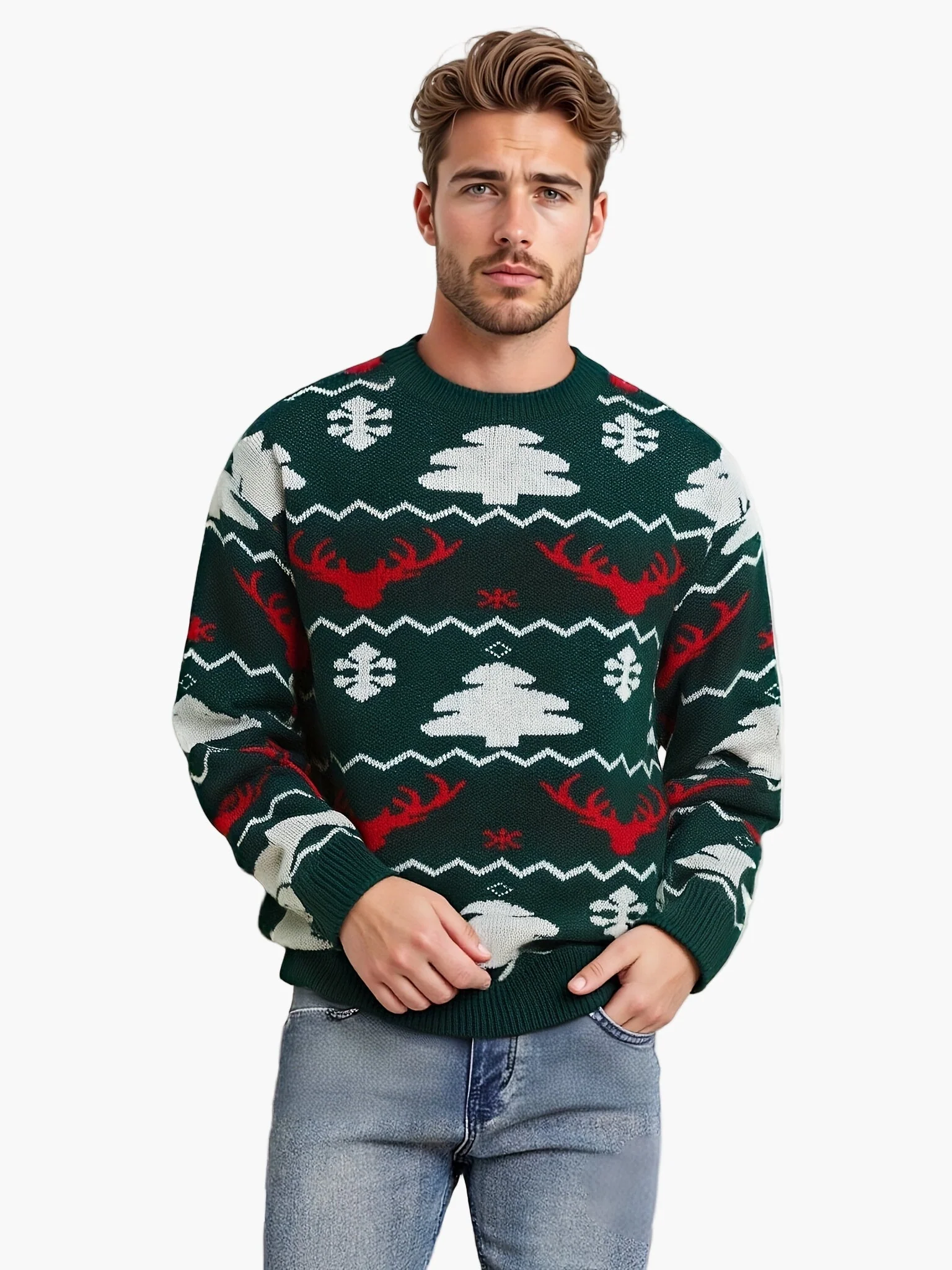 Herren Weihnachtspullover mit Rentier- und Tannenbaum-Muster – Perfekt für festliche Anlässe, lockerer Party-Stil