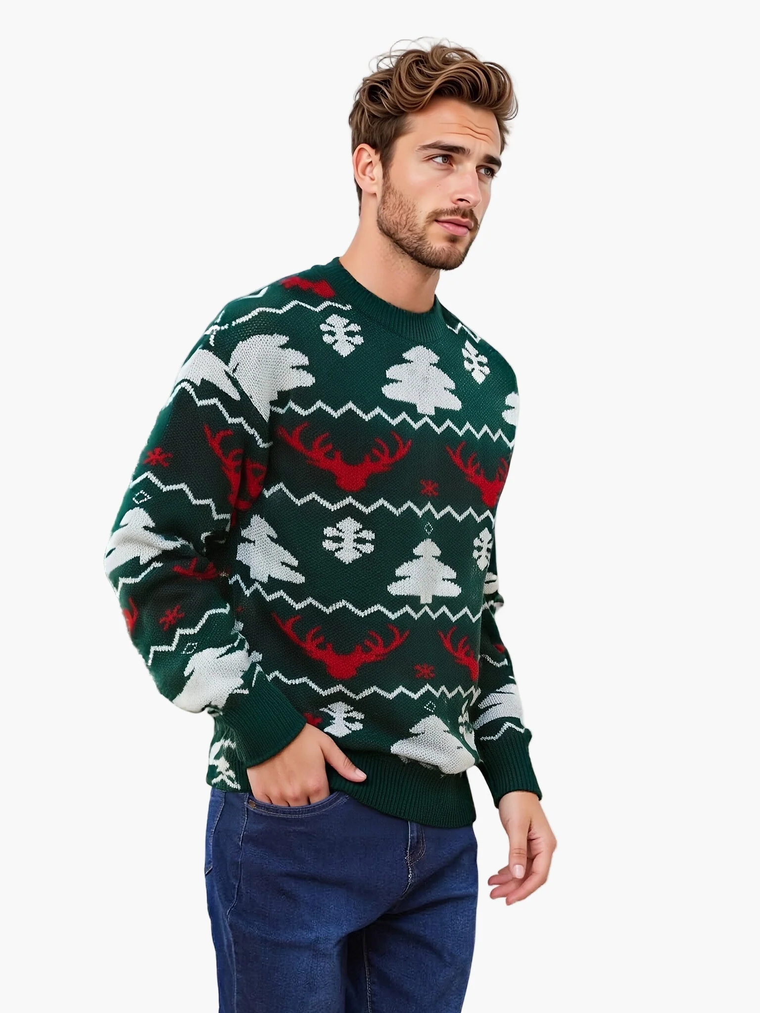 Herren Weihnachtspullover mit Rentier- und Tannenbaum-Muster – Perfekt für festliche Anlässe, lockerer Party-Stil - Image 4