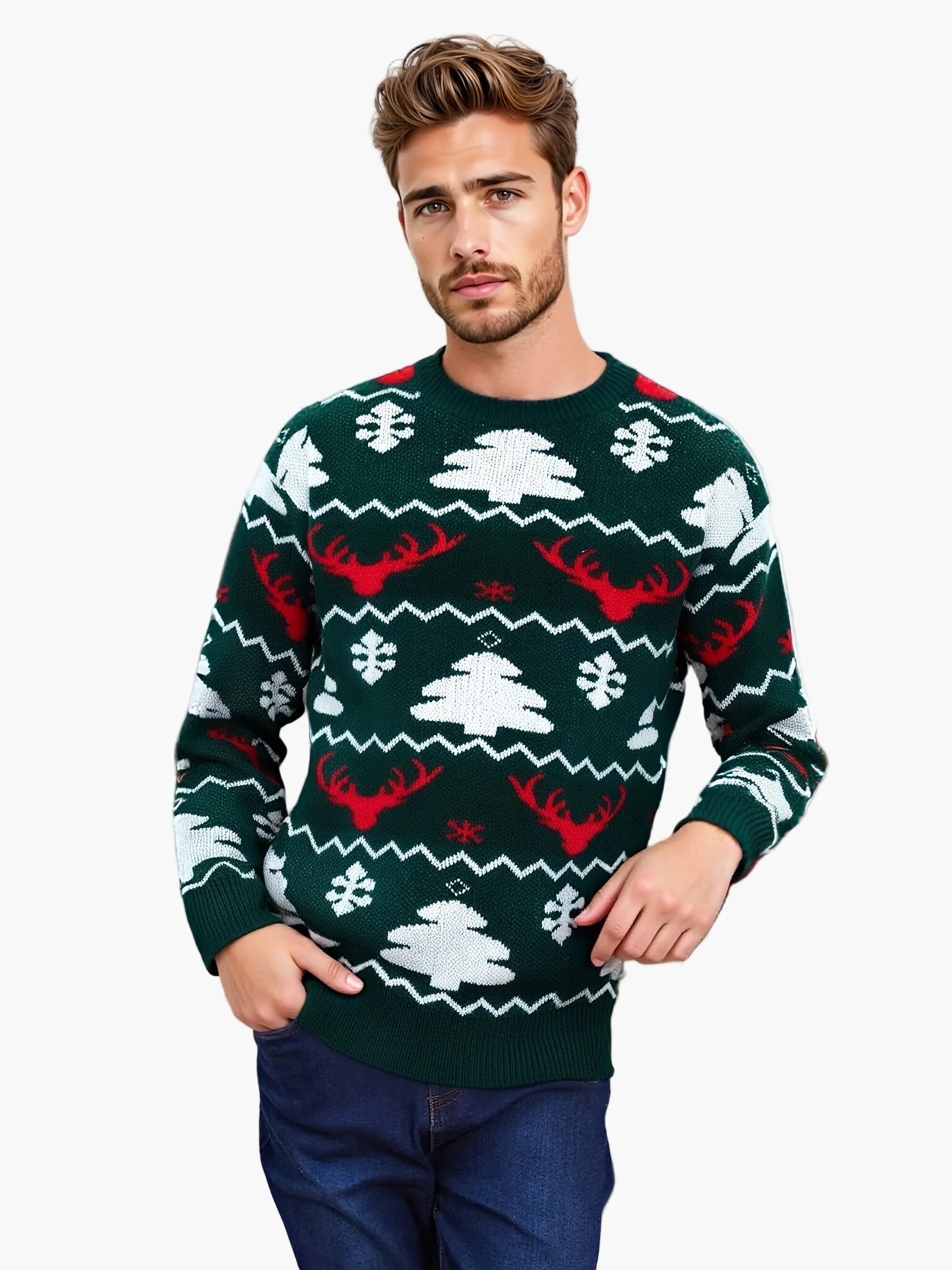 Herren Weihnachtspullover mit Rentier- und Tannenbaum-Muster – Perfekt für festliche Anlässe, lockerer Party-Stil - Image 5
