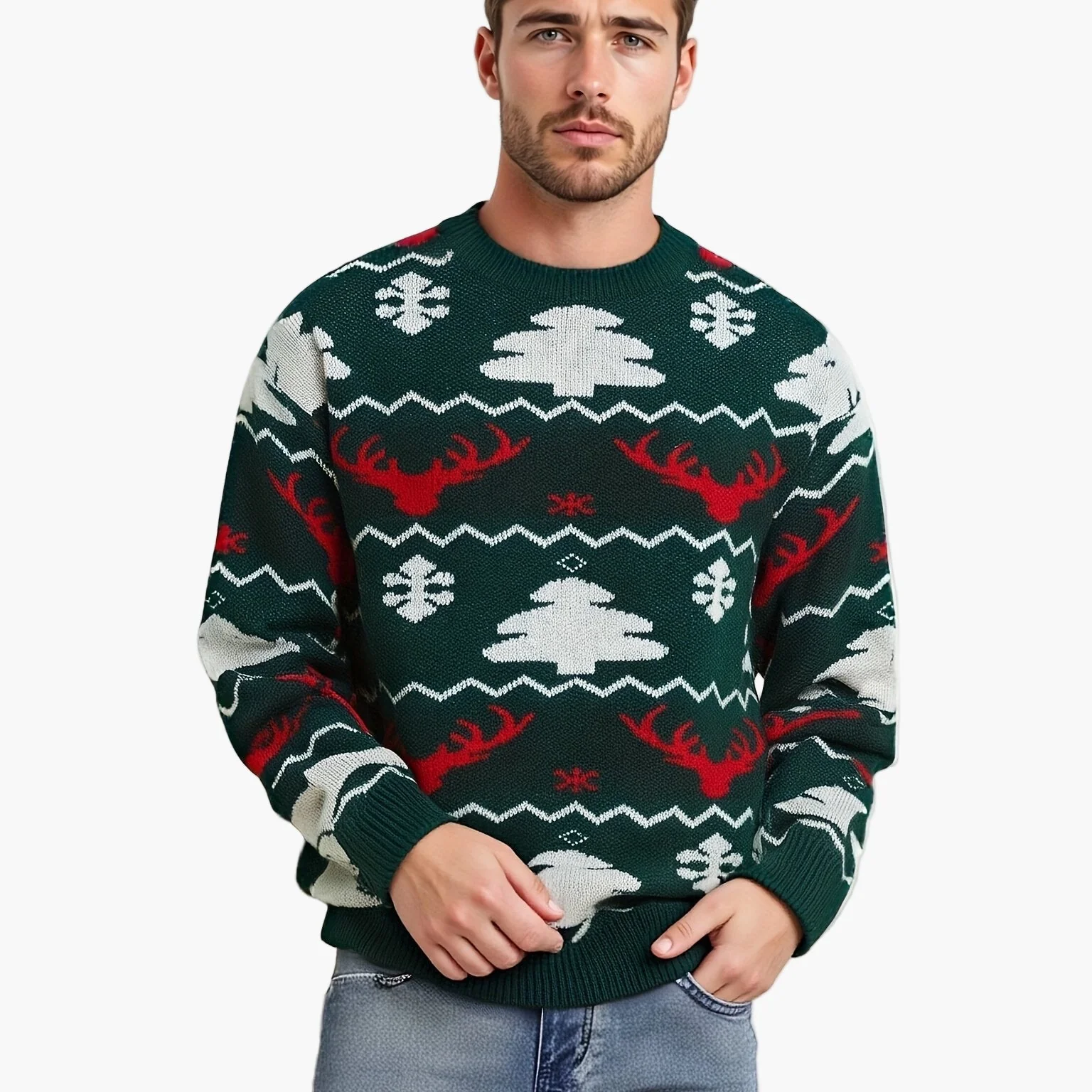 Herren Weihnachtspullover mit Rentier- und Tannenbaum-Muster – Perfekt für festliche Anlässe, lockerer Party-Stil - Image 6