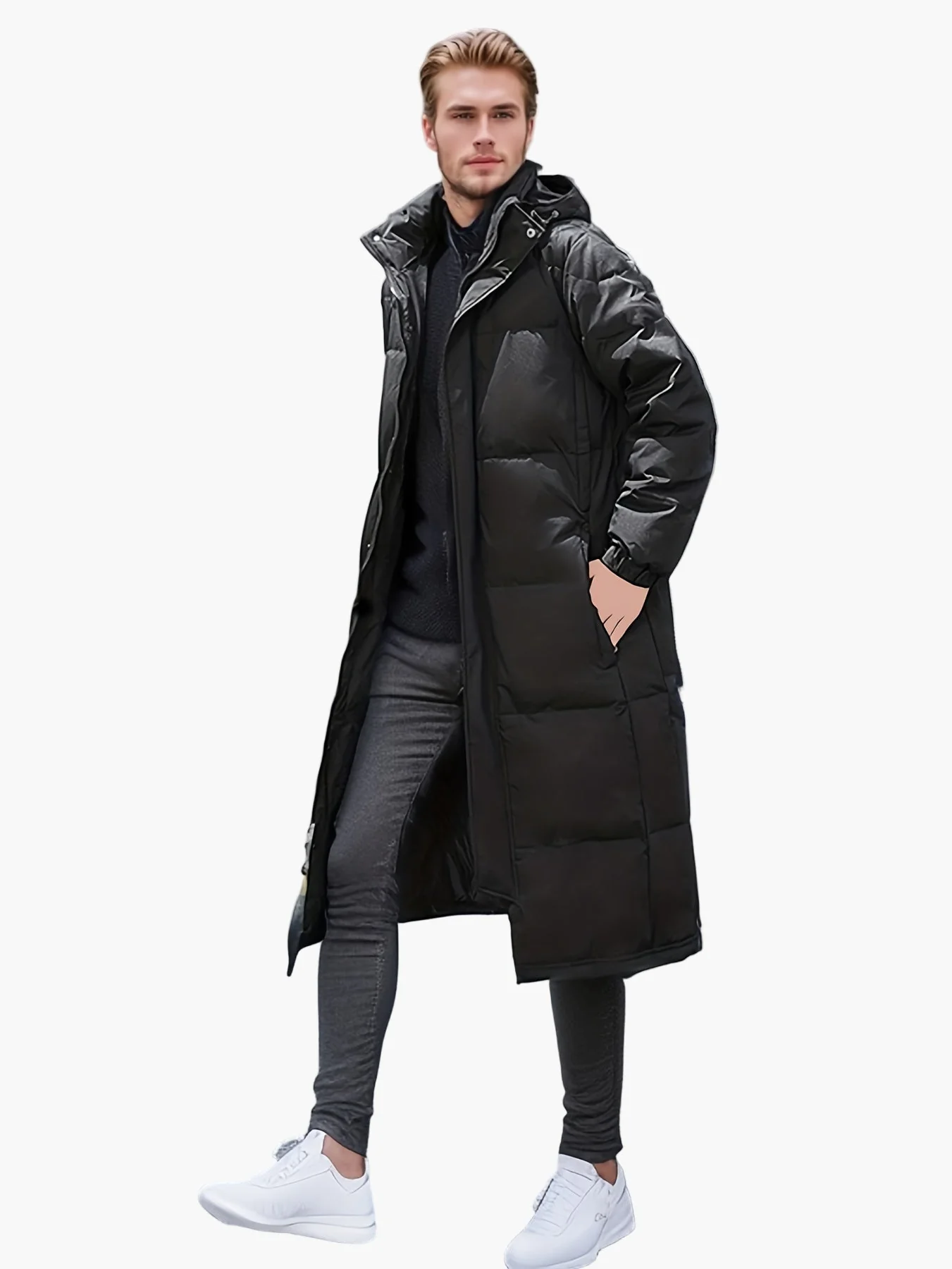 Herren Winter Steppmantel Lang Casual mit Kapuze und Taschen – Perfekt für Outdoor & Alltag - Image 2