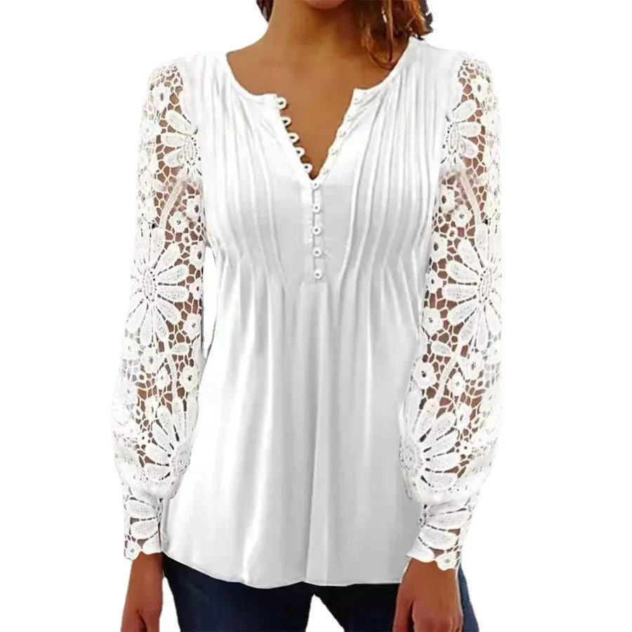 Julia – Faltendes T-Shirt mit Spitzenärmel in einfarbiger Ausführung - Image 5