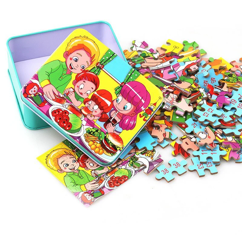 Kinder Holzpuzzle Set – Bunte Lernspielzeuge im Aufbewahrungs-Metallkasten, ab 3 Jahren, Unisex - Image 2