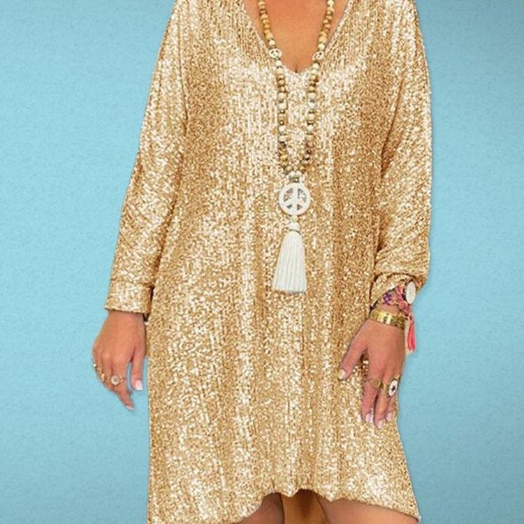 Lauren – Lässiges, einfarbiges, lockeres Pullover-Kleid mit Pailletten und V-Ausschnitt