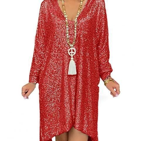 Lauren – Lässiges, einfarbiges, lockeres Pullover-Kleid mit Pailletten und V-Ausschnitt - Image 2