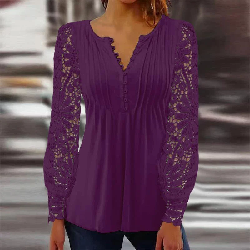 Sandra – Elegantes T-Shirt mit Spitzenärmeln und Falten in solidem Farbton - Image 10