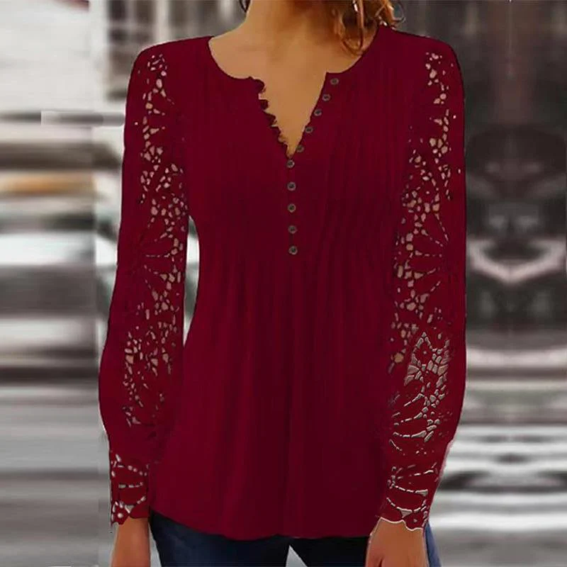 Sandra – Elegantes T-Shirt mit Spitzenärmeln und Falten in solidem Farbton - Image 8