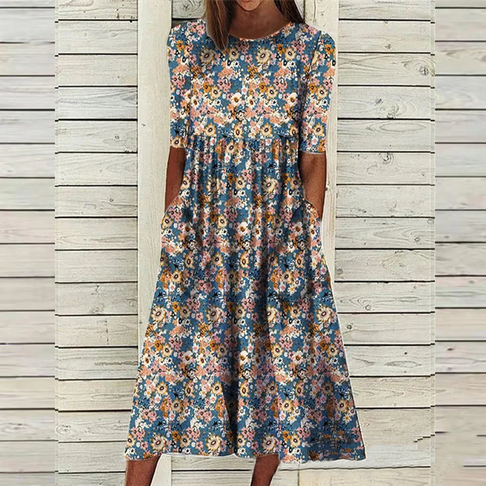Tanya – Langes bedrucktes Kleid mit losem Schnitt und Taschen - Image 3