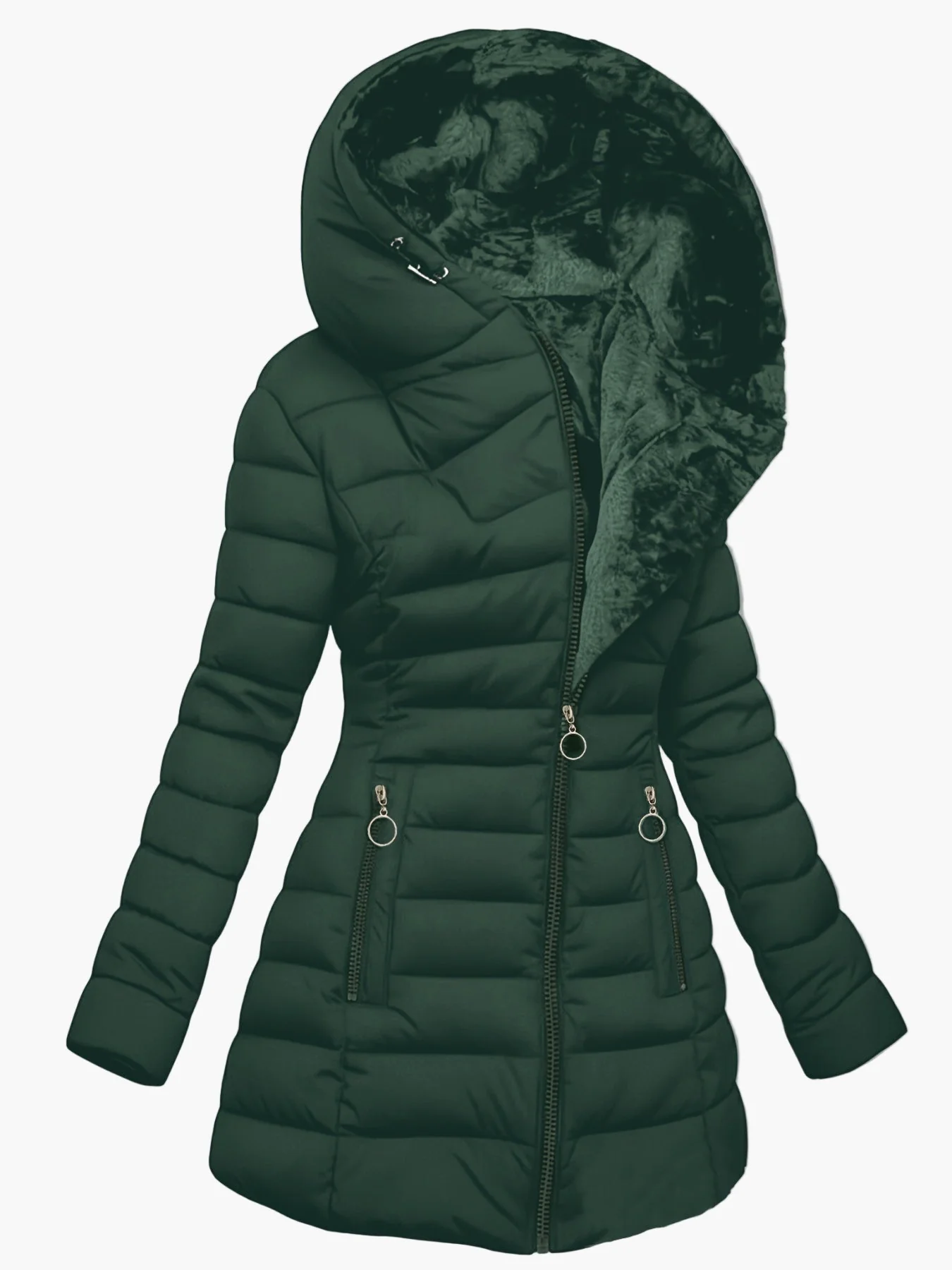 Damen Langer Wintermantel mit Kapuze – Warm Gefütterter Steppmantel mit Reißverschluss für Alltag & Outdoor - Image 2