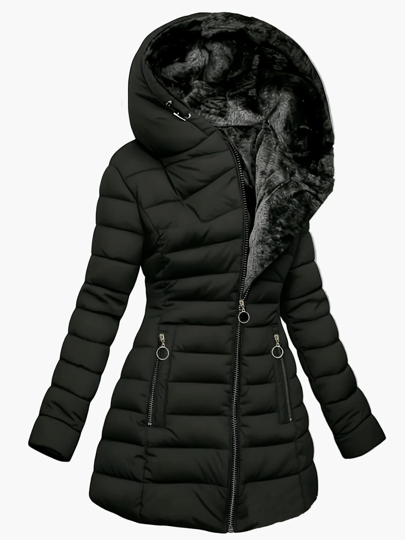 Damen Langer Wintermantel mit Kapuze – Warm Gefütterter Steppmantel mit Reißverschluss für Alltag & Outdoor - Image 3